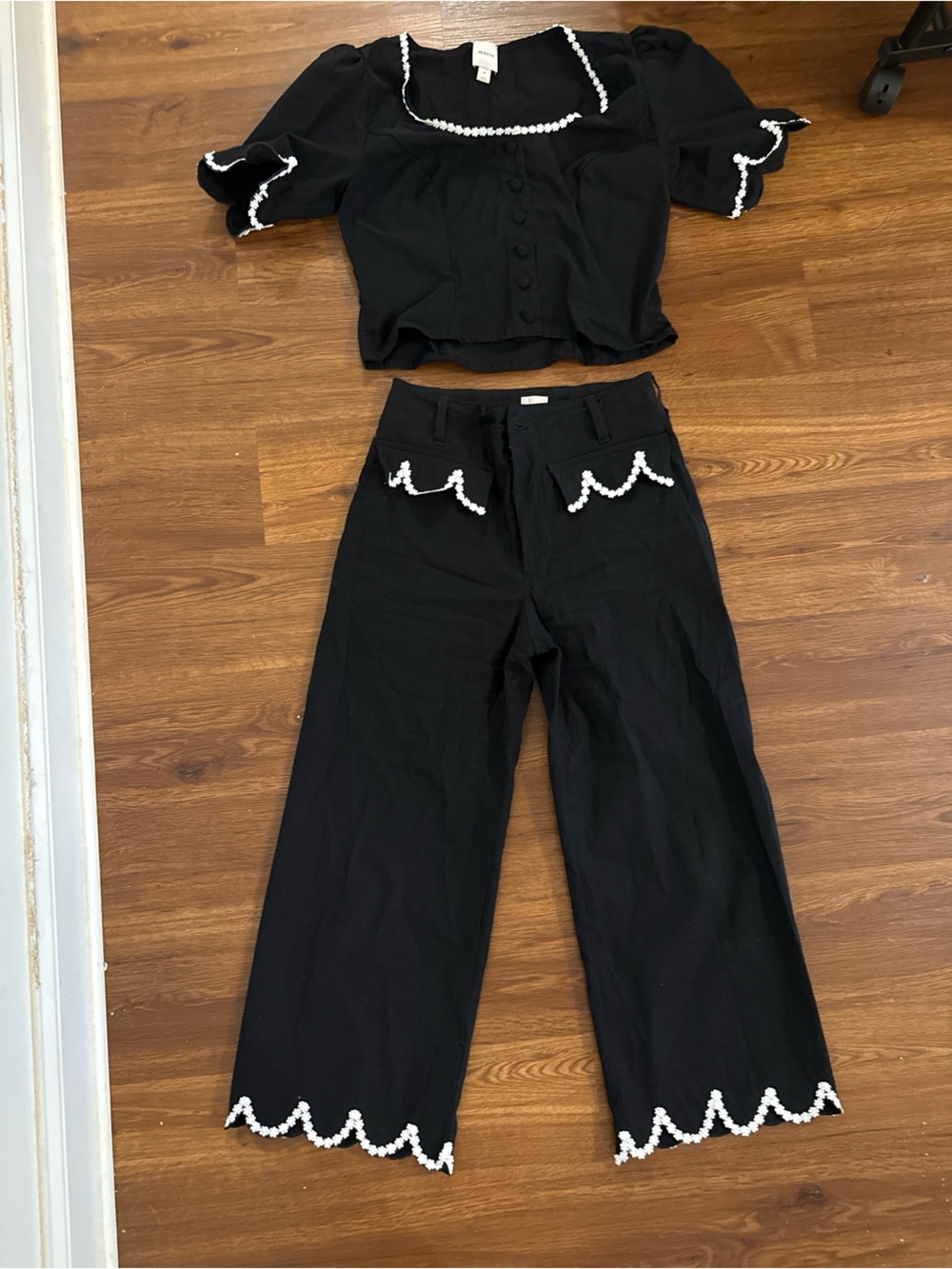 Maeve Black Cropped Pants with White Scalloped Hem and matching top!
